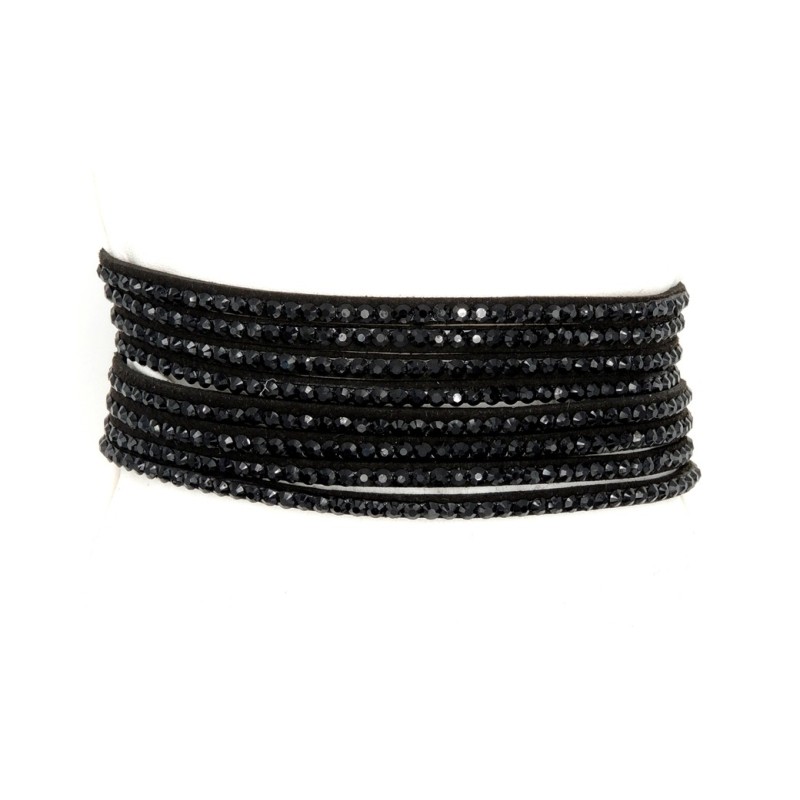 Bracelet double tour noir orné de strass noirs