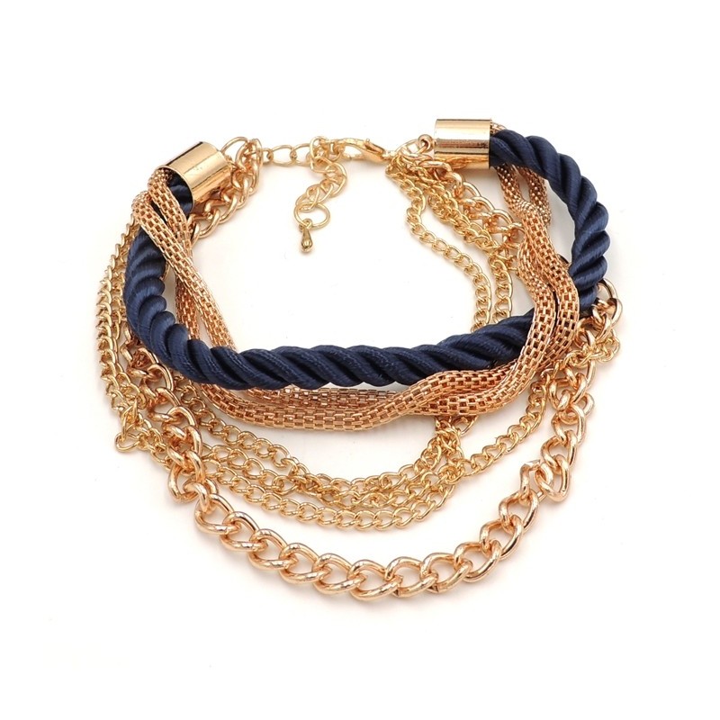 Bracelet emulti-rangs en métal doré et cordon de soie bleu marine