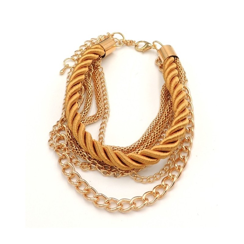 Bracelet multi-rangs en métal doré et cordon se soie or