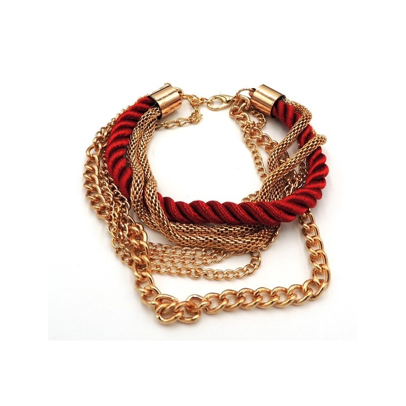 Bracelet multi-rangs en métal doré et cordon de soie rouge foncé
