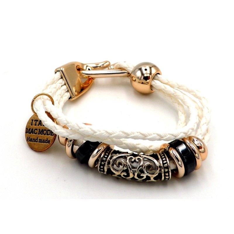 Bracelet fait main en cuir blanc, anneaux gris et dorés