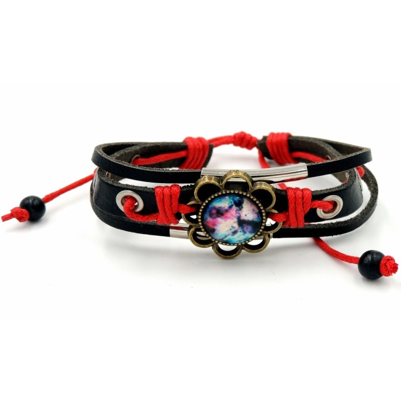 Bracelet en cuir véritable noir, cordon rouge, décor métal