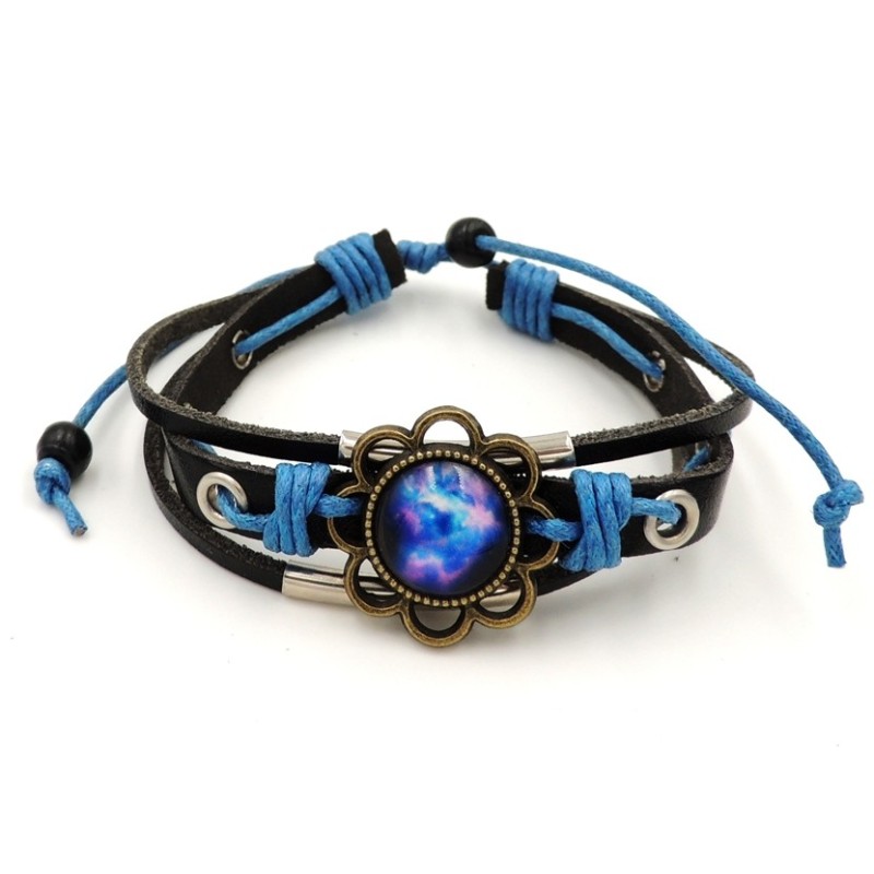 Bracelet en cuir véritable noir, cordon bleu, décor métal