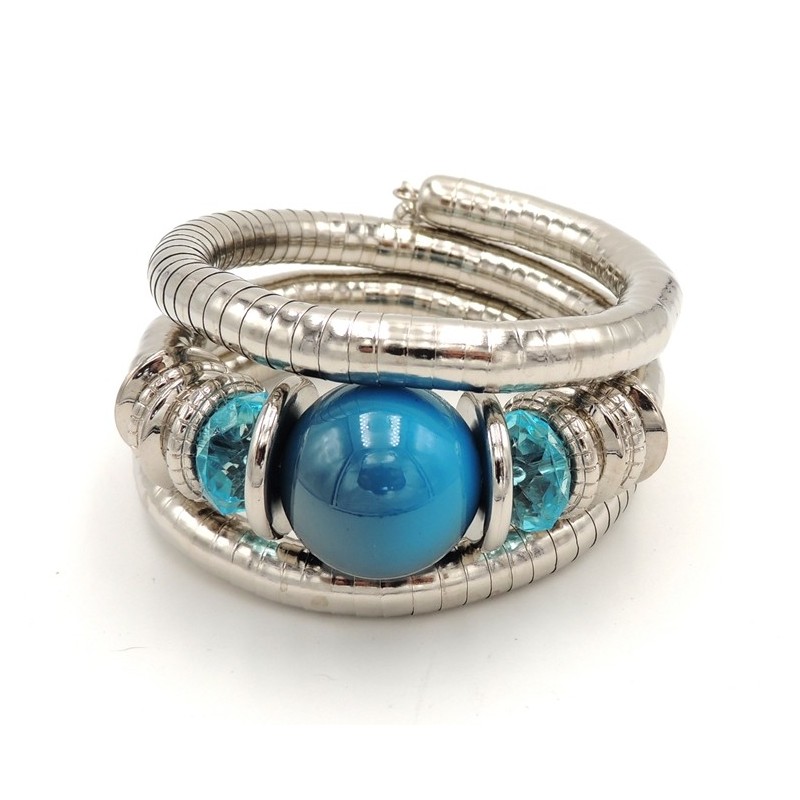 Bracelet serpent en métal argenté articulé pierres turquoise et anneaux