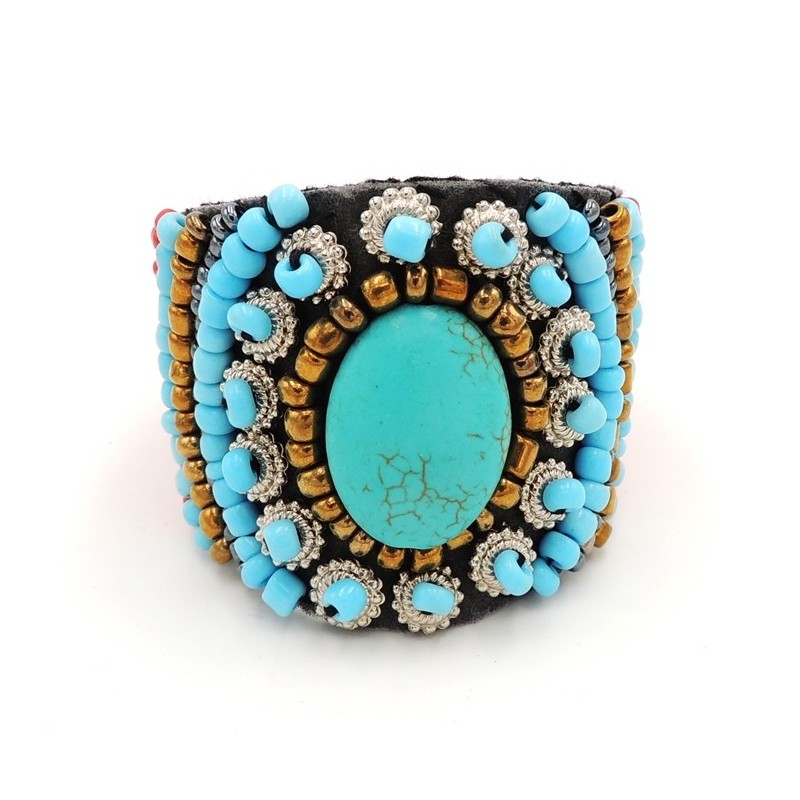 Bracelet ethnique  Navajo, pierre turquoise et perles de rocailles rouges et dorées