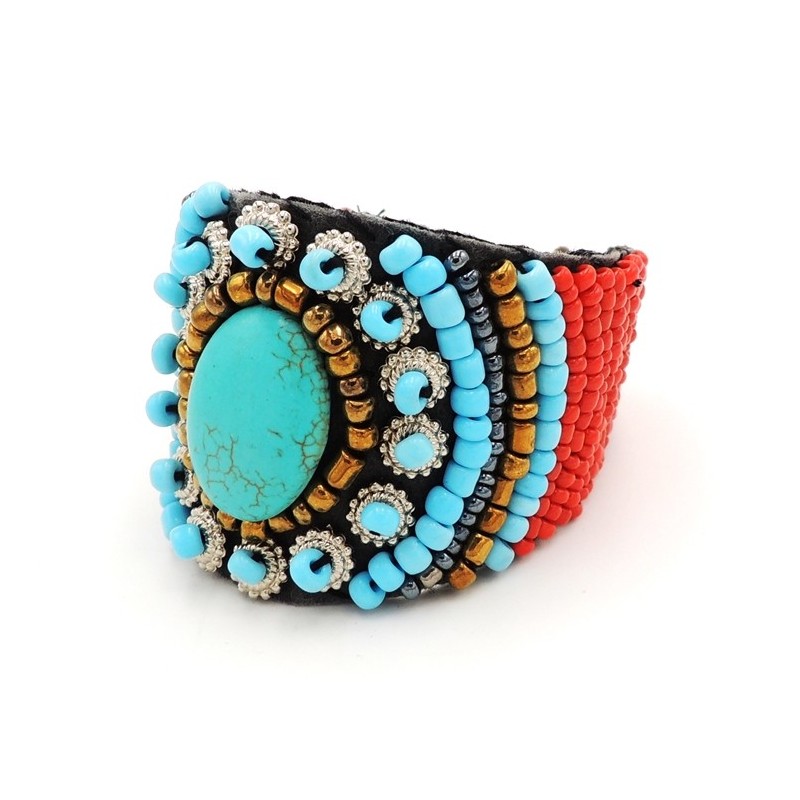 Bracelet ethnique  Navajo, pierre turquoise et perles de rocailles rouges et dorées