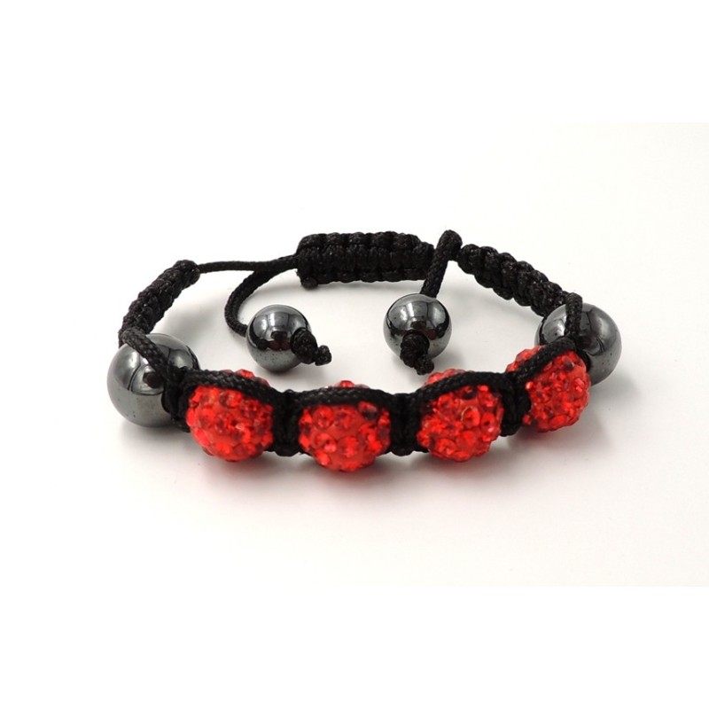 Bracelet Ytara Shamballa avec cristaux rouges et perles de verre gris métallique