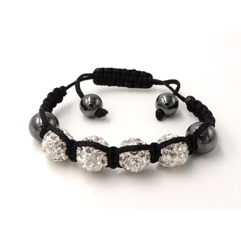 Bracelet Ytara Shamballa avec perles incrustées de cristaux blancs et perles de verre gris métallique