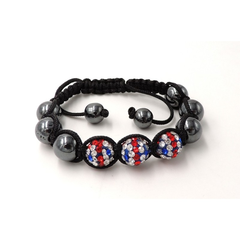 Bracelet Ytara Shamballa avec cristaux rouges, bleus et blancs et perles de verre gris métallique