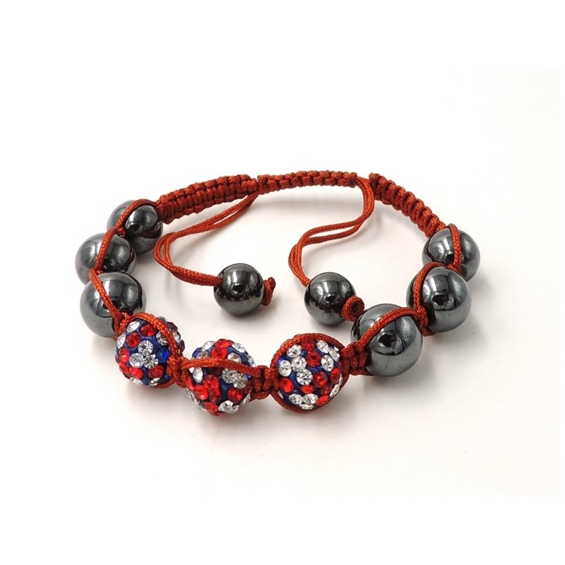 Bracelet Ytara Shamballa avec 3 boule incrustée de cristaux blancs, rouges et bleus et perles de verre gris métallique