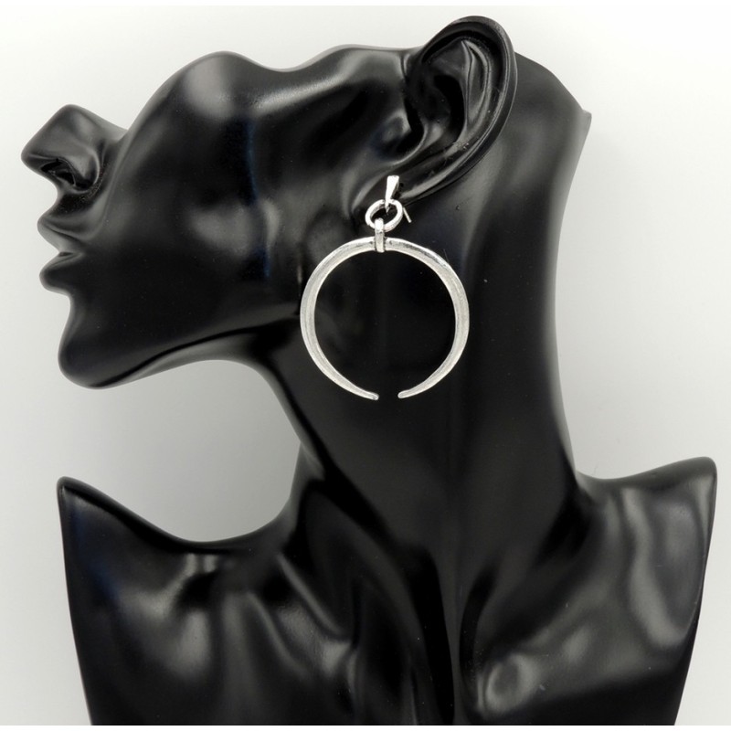 Boucles d'oreilles, créoles ouvertes en métal argenté style métal ancien 