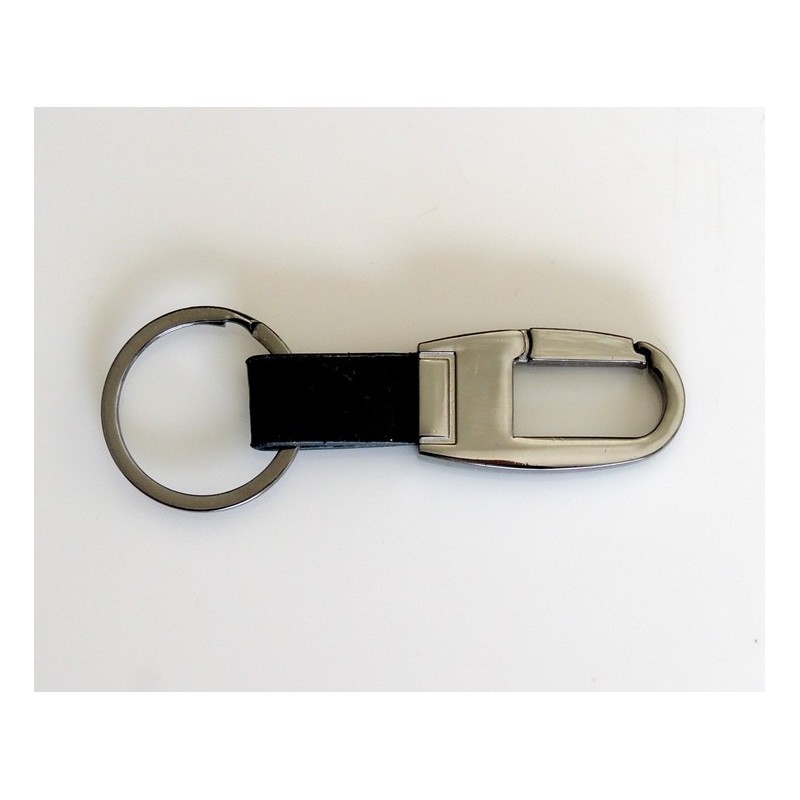 Porte-clés en acier inoxydable couleur fusain et cuir grainé noir