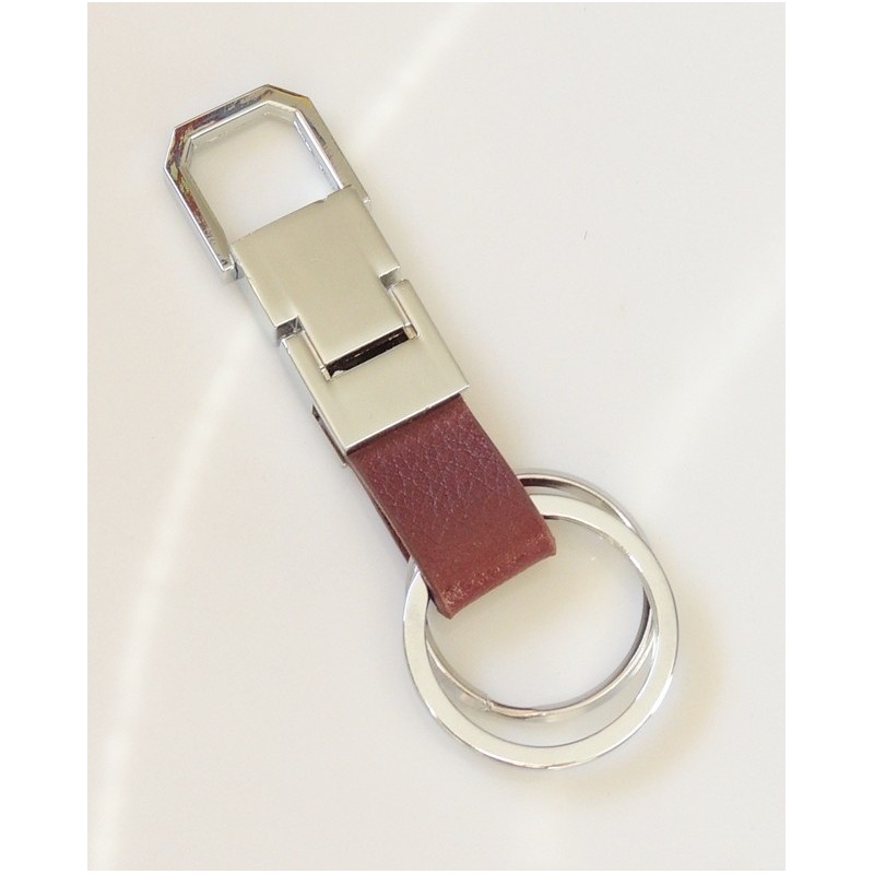 Porte-clés pour homme en métal argenté et cuir grainé de couleur bordeaux