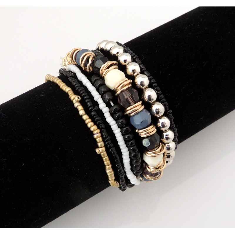 Bracelet perles toutes couleurs, dominante bleue, semainier, 7 rangs modulables