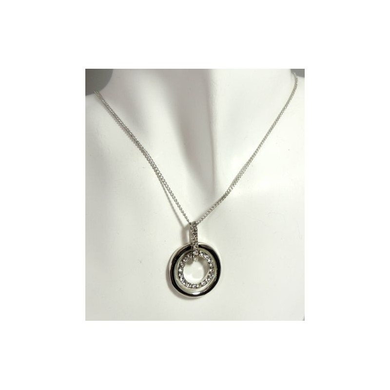 Parure métal argenté,collier 2 cercles sur chaîne fine en métal avec boucles d'oreilles en strass.