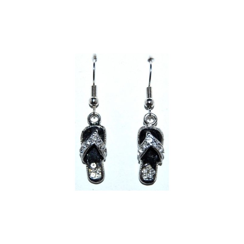 Boucles laque noire, strass, forme tongs 